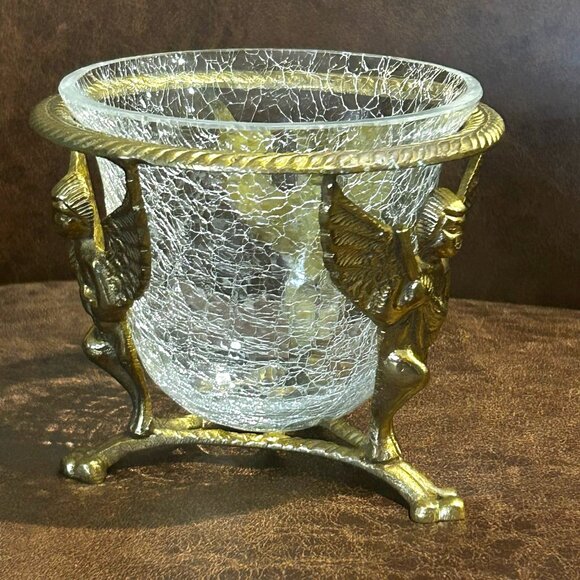 Vintage 3 Leg Brass Cherubs Cupid Pedestal Stand With Crackle Glass Bowl - Picture 3 of 16